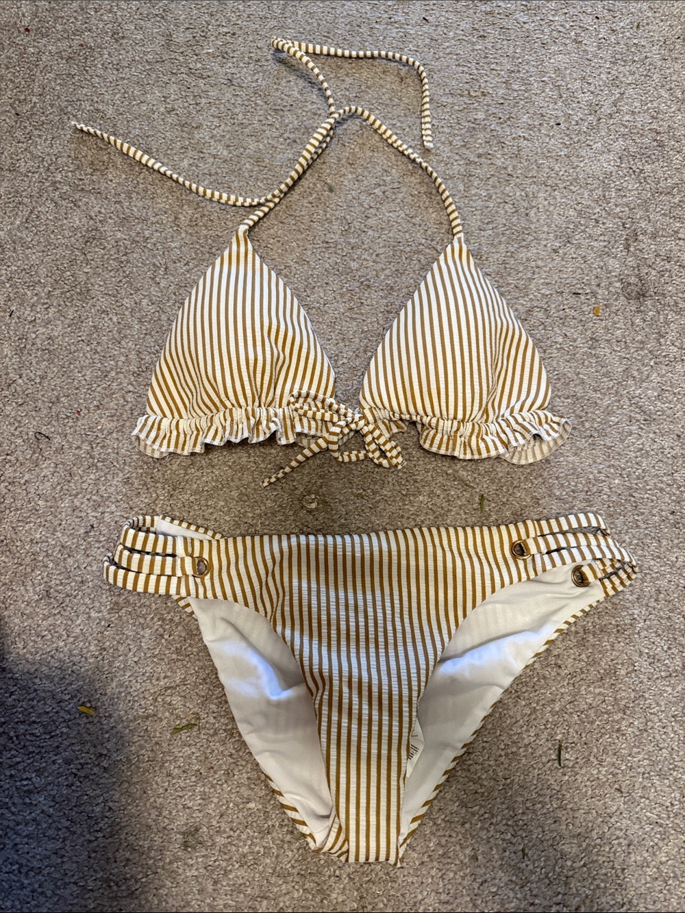 Striped Ruffle Triangle Bikini Set - Beige/White